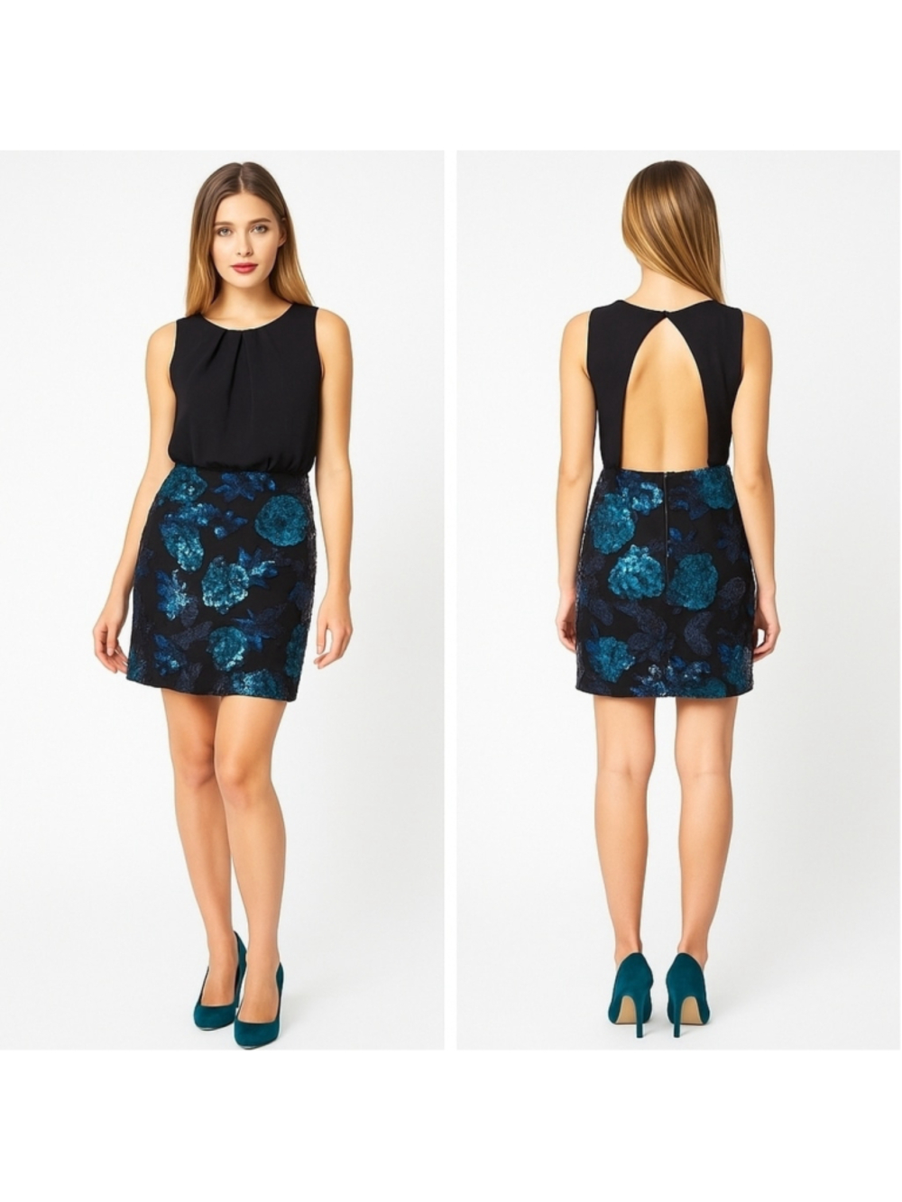 ASOS Sequin Floral Mini Dress โ Black & Teal Blue | Size 6